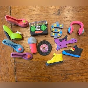 Set of 12 Small Mini Erasers Disco Boom Box Microphone Record Shoes Heels Iwako